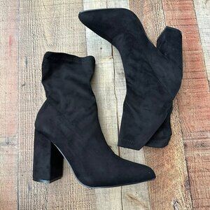 Nasty Gal Black Faux Suede Block Heel Pointed Toe Sock Boots Size 6